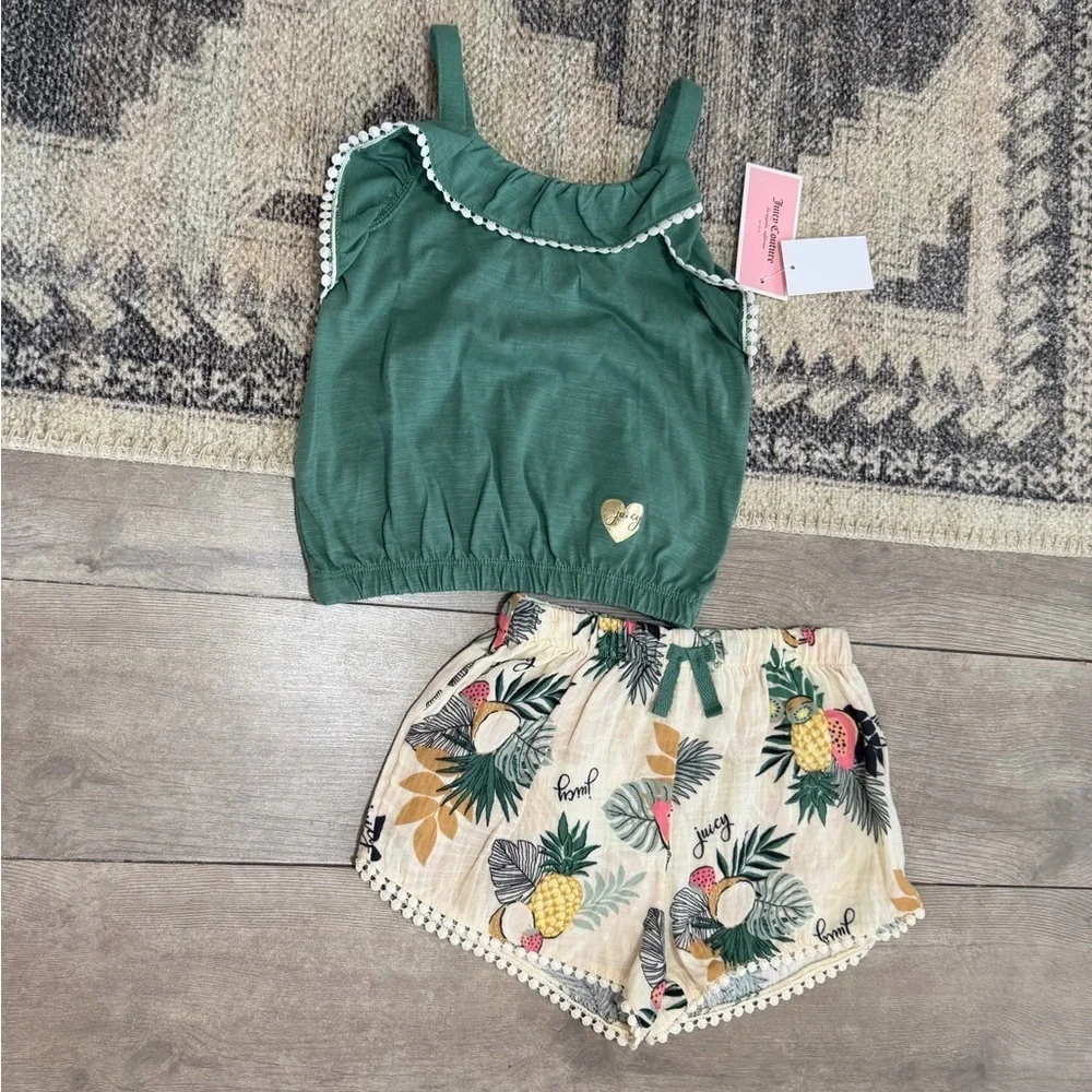 New Juicy Couture Boho Tank & Cream Tropical Print Tassel Shorts Girls sz 6 Set